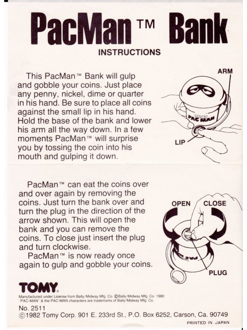 1982 Tomy Pac-Man Bank Instructions Bally Midway No. 2511 Original Japan